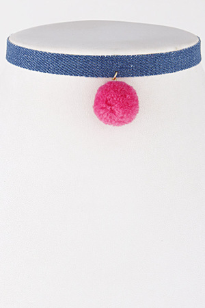 Denim Choker Necklace With Puff Ball Detail 7ACC5